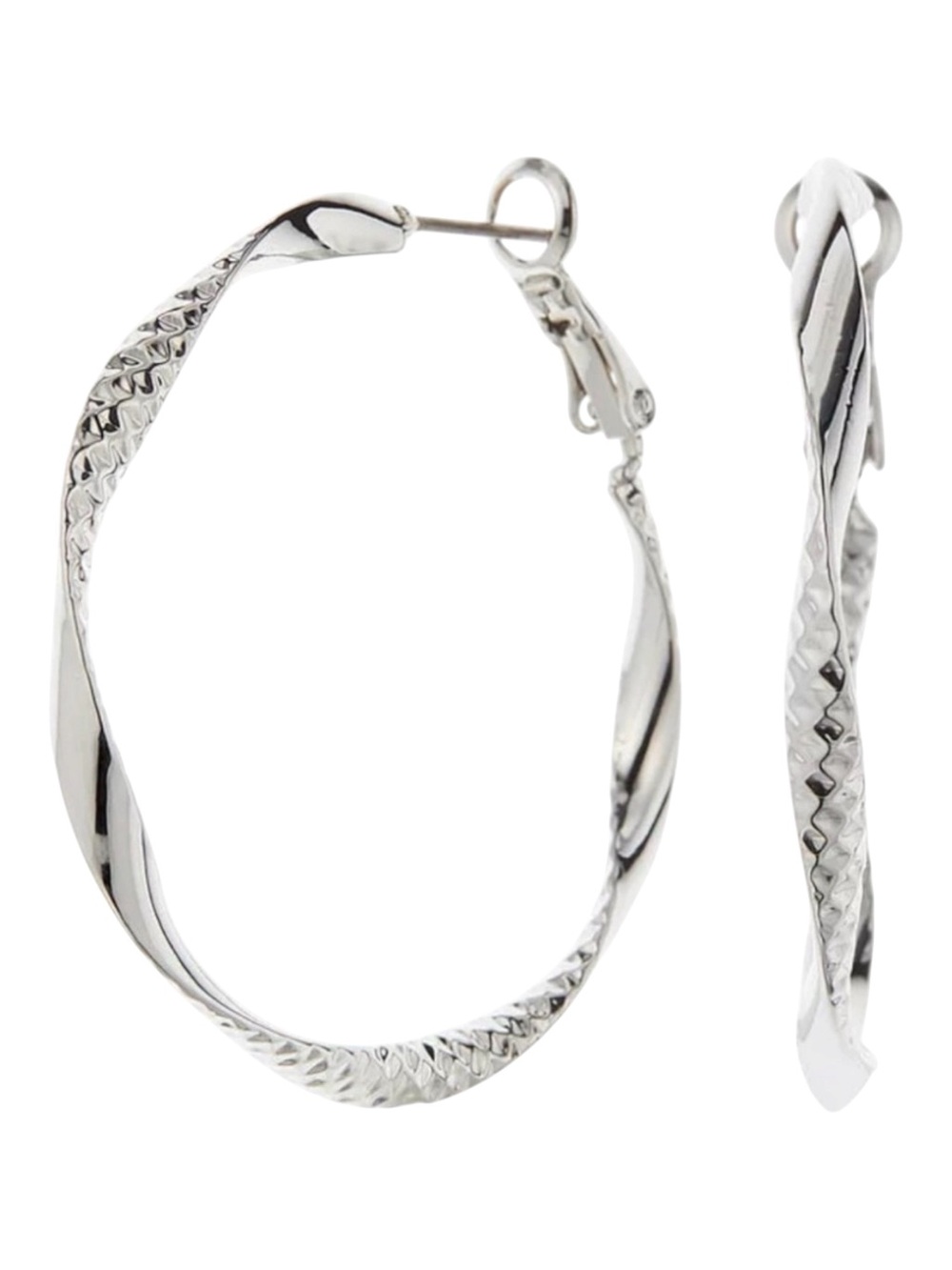 14k White Gold Plated Twisted hammered hoop earrings. New.